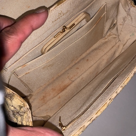 Vintage 1950's Cream Velvet & Leather Bag by Bienen Davis. - Picture 6 of 8